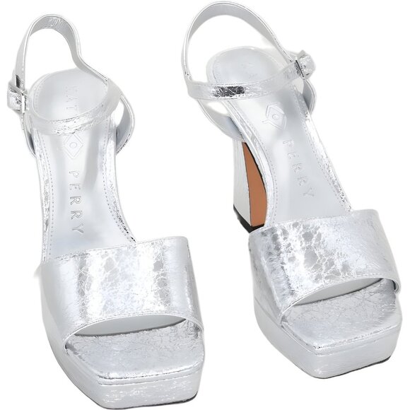 Katy Perry Silver Platform Strappy Sandals Square Open Toe Block Heel US 6.5M - Picture 1 of 6